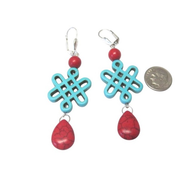 Endless Knot Turquoise Blue Red Earrings Chandelier Infinity Buffalo Stone - Picture 4 of 4